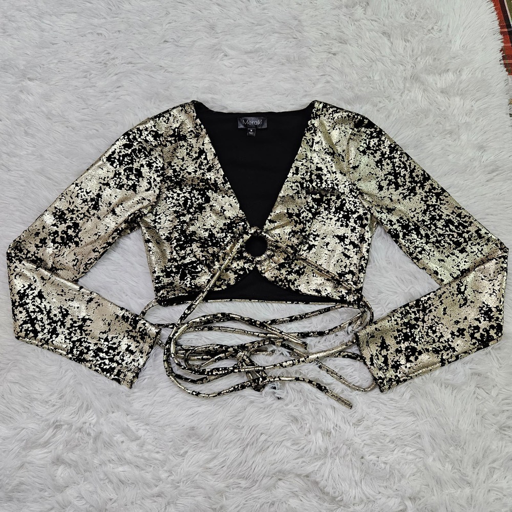 Meraki Women's Metallic‎ Gold & Black Marble Crop O-Ring Sexy Strappy Top Sz M